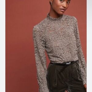 New! Anthropologie Eri & Ali Lace Mock Neck Blouse - Taupe Floral Pattern